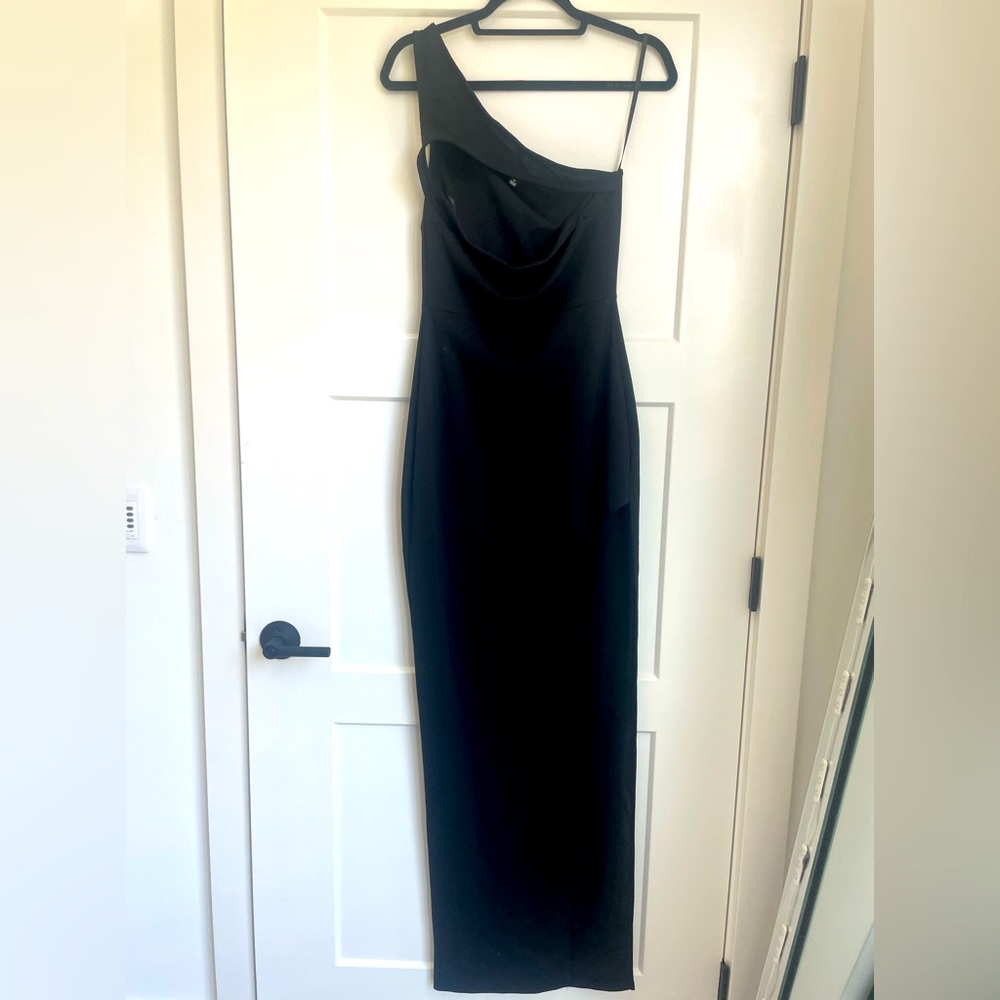 NWT Windsor Black Maxi Dress, One Shoulder, Slit in Leg, Size M